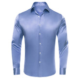 Hi-Tie Navy Royal Sky Blue Silk Men's Shirts Lapel Collar Long Sleeve Dress Shirt Jacquard Blouse Wedding MartLion SCY-1667 S 