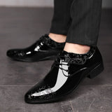 Retro Black Glitter Leather Shoes Men's Low-heel Pointed Dress Lace-up Low Casual MartLion   