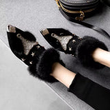 Women Rabbit Fur Snow Boots Autumn Winter Ladies Metal Pointed Toe Shoes Plush  Ankle Med Heels MartLion   