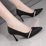 Crystal Stiletto Heels Pumps Women Black White Pu Leather High Heels Shoes Pointed Toe Party MartLion   