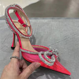 Runway style Glitter Rhinestones Women Pumps Crystal bowknot Satin Summer Lady Shoes Genuine leather High heels Party Prom MartLion 0062 PVC Rose 42 