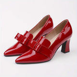 Elegant High Heeled Pumps For Women, Pointed Toe Shallow Mouth Slip On Soft Sole Dressy Chunky Heels, Bowknot Formal Shoes MartLion Red 36