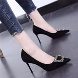 Women Mid Heeled Sandals Black Square Buckle Pointed Thin Heeled Baotou Banquet High Heeled Shoes MartLion   