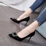 Women Mid Heeled Sandals Black Square Buckle Pointed Thin Heeled Baotou Banquet High Heeled Shoes MartLion 7CM 38 