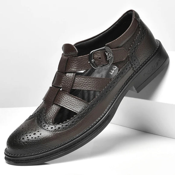  Summer Hollow-out Brogues Shoe Men's Luxury Genuine Leather Dress Buckle Black Sandals MartLion - Mart Lion