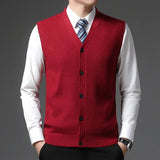 Men's Clothing Top Grade Winter V Neck Woolen Brand Knit Cardigan Casual Sweater Vest Sleeveless MartLion wine red 50 L 110 