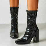 Liyke Autumn Winter Black Patent Leather Boots Women Square Toe Zip High Heels Party Shoes Chelsea Ankle Mart Lion   