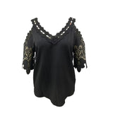 Shoulder Lace Short Sleeve Shirt Women V Neck Pullover Blouse MartLion   