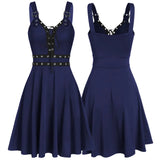 Women Plus Size Cool Solid Hem Sleeveless Camisole Mini Dress Gothic punk style sleeveless strap dress MartLion Dark Blue XL 