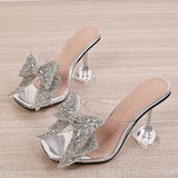 Liyke Transparent Slippers Women Silver Crystal Bowknot High Heels Female Mules Slides Summer Sandals Shoes Mart Lion   