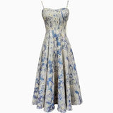 Dress Women Chic French Style Blue Oil Painting Skirt  Floral Waist-fitted Tank Frock Long Sling For Female MartLion   