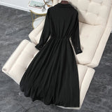 Dress Women's Summer Long Sleeve Tight Waist Long Dress Black Cover Shirt Collar Dress MartLion   