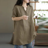 Women Solid Color Longer Shirt Summer V Neck Pullover Button  Blouse Female MartLion   