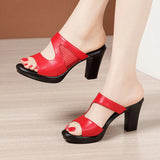 8cm Cutout Mesh Block High Heels Slides Summer Shoes Soft Leather Slippers Platform for Office Work Mom MartLion Red 11 