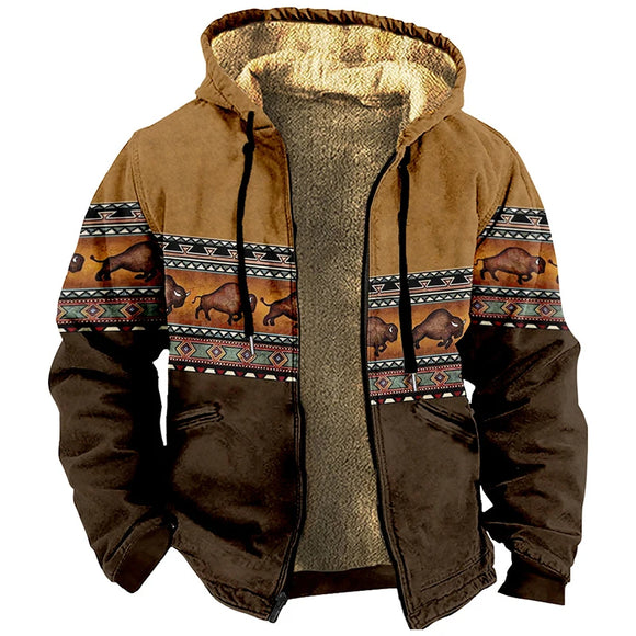 Vintage Winter Jackets Men's Bison Print Design Motorcycle Casual Long Sleeve Coats Versatile Hooded Sweatshirts MartLion pattern1 XXS 