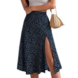 women long skirt summer Versatile floral skirt Casual Wrap Middle dresses classic beach MartLion Dark Blue L 