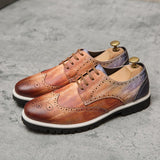 Golden Brogue Shoes Men's Dress Soft Split Leather Lace Up Oxfords Flat Work Footwear Mart Lion   