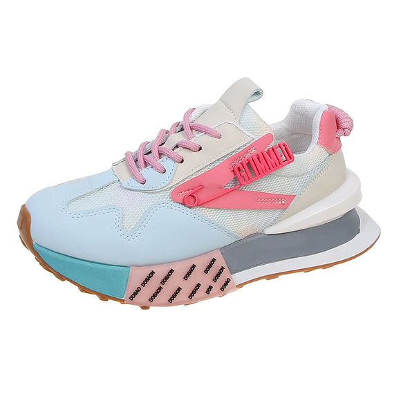 Women Chunky Sneakers Casual Mixed Colors Leather Mesh Breathable Height Increased Wedge Platform Outdoor Running Shoes MartLion Pink 35 