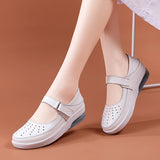 Nurse Shoes Cushion Sole Leather White Women Flats Mary Janes  Ladies Hospital Work Footwear Hook Loop Shallow Spring Hollow out