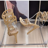 Runway style Bling Crystal Tassels Snake Coiled Women Sandals Stiletto High heels Summer Party Prom Shoes MartLion   