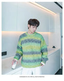 Men's Gradient Tie Dye Round Neck Loose Sweater Knit Sweater Autumn Rainbow Striped Casual Long Sleeve Sweater MartLion   