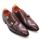 Men's Dress Shoes Genuine Leather Double Buckle Monk Strap Snake Print Cap Toe Classic MartLion Dark brown US 6 