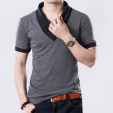 Summer Men's T-Shirts Slim Short Sleeve Patchwork V Neck Cotton Black Button Tops Tees Mart Lion Grey M 50-60 KG 