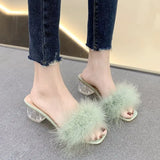 Mules Sandal Women Summer Outdoor Slippers Square Toe High Heels Office Ladies Feather Slides Chic Classics Furry Shoes MartLion   