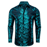 Hi-Tie Jacquard Silk Men's Shirts Lapel Long Sleeve Wedding Shirt Cowboy Blue Gold Green Red White Black MartLion CY-1615 S 