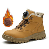 Black Leather Winter  Rotating Buttons Safety Shoes Men Waterproof Work Boots MartLion Yellow Winter 42 