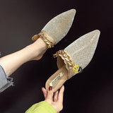 Pointed flat bottomed sandals for women wearing summer rhinestone wrapped lazy half slippers MartLion   