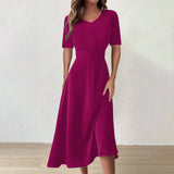 Women Dress Casual Print Mid-Calf Dresses V-Neck Short Sleeves Frocks Robes MartLion Dark Purple XXL United States