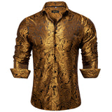 Gold Paisley Silk Shirts Men's Long Sleeve Luxury Tuxedo Wedding Party Clothing MartLion   