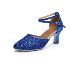 Sequined Latin Dance Shoes Women Adult Middle-heeled High-heeled Summer Beginners Children Soft-soled Pointy-toed MartLion 1802-6 blue 5cm 34 