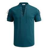 Summer Men's V-neck shirt Short-Sleeved T-shirt Cotton and Linen Led Casual Breathable tops Mart Lion blue S 