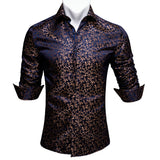 Luxury Blue Shirts Men's Silk Embroidered Paisley Flower Long Sleeve Slim FIT Blouses Casual Tops Lapel Cloth Barry Wang MartLion 0006 S 
