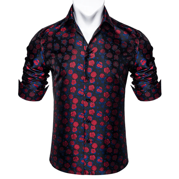 Silk Men's Shirts Long Sleeve Top Red Floral Blue Wedding Party Prom Dress Shirt Blouse Clothing MartLion YC-2015 S 
