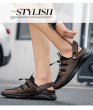 Sandals Men's Summer Outdoor Mesh Splice Leather Luxury Social Shoes Handmade Durable Sole Lace Up Beach MartLion   