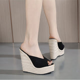 Liyke Platform Wedges Slippers Summer Peep Toe 14CM Heels Shoes Woman Super High Mules Female Sandals Black Mart Lion   