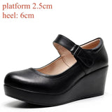 Genuine Leather Shoes Platform Wedges Mary Janes Women Spring High Heels Pumps for Office Model MartLion 6cm black velco 40 