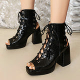 Women Shoes High Heels Open Toe Gladiator Sandals Serpentine PU Leather Comfort Square Thick Sole Platform Mart Lion   