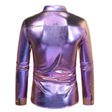 Men's Shiny Purple Metallic Dress Shirts Long Sleeve Button Down Disco Shirt Party Stage Singer De Hombre MartLion   