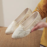 Gold Embroidery Women Pointy Toe Slip On Ballet Flats Elegant Casual Ballerinas Shoes for Beige MartLion Beige 9 