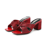 Summer Women's Slippers Genuine Leather Thick Heel Open Toe Crystal Party Shoes MartLion Red 35 