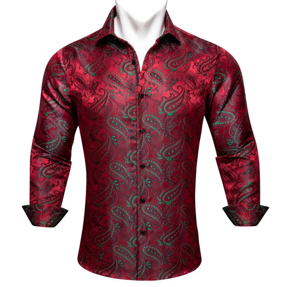  Luxury Shirts Men's Silk Red Green Paisley  Long Sleeve Slim Fit Blouses Button Down Collar Casual Tops Barry Wang MartLion - Mart Lion