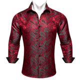 Silk Shirts Men's Red Burgundy Paisley Flower Long Sleeve Slim Fit Blouse Casual Lapel Clothes Tops Streetwear Barry Wang MartLion 0453 S 