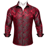 Silk Shirts Men's Red Burgundy Paisley Flower Long Sleeve Slim Fit Blouse Casual Lapel Clothes Tops Streetwear Barry Wang MartLion   