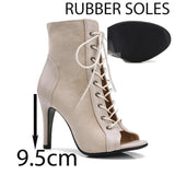 Latin Dance Shoes Ballroom Jazz for Women's Lace-up Fish Mouth Sandals High-heeled Indoor Pole Dance Salsa Dance Boots MartLion Beige 9.5cm rubber 40 