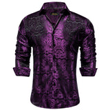 Luxury Purple Paisley Men's Long Sleeve Silk Polyester Dress Shirt Button Down Collar Social Prom Party Clothing MartLion CYC-2023 S 