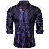 Luxury Blue Black Paisley Silk Shirts Men's Long Sleeve Wedding Party Prom Tuxedo Dress Casual Designer Clothing MartLion CYC-2026 3XL 